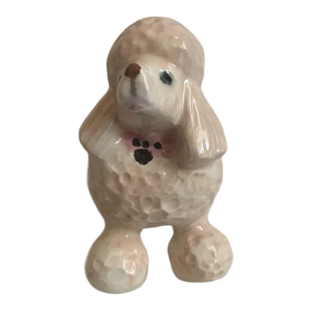 Dog Mate Vintage Beige Ceramic Poodle Puppy Figurine 4” Porcelain Dog Sculpture